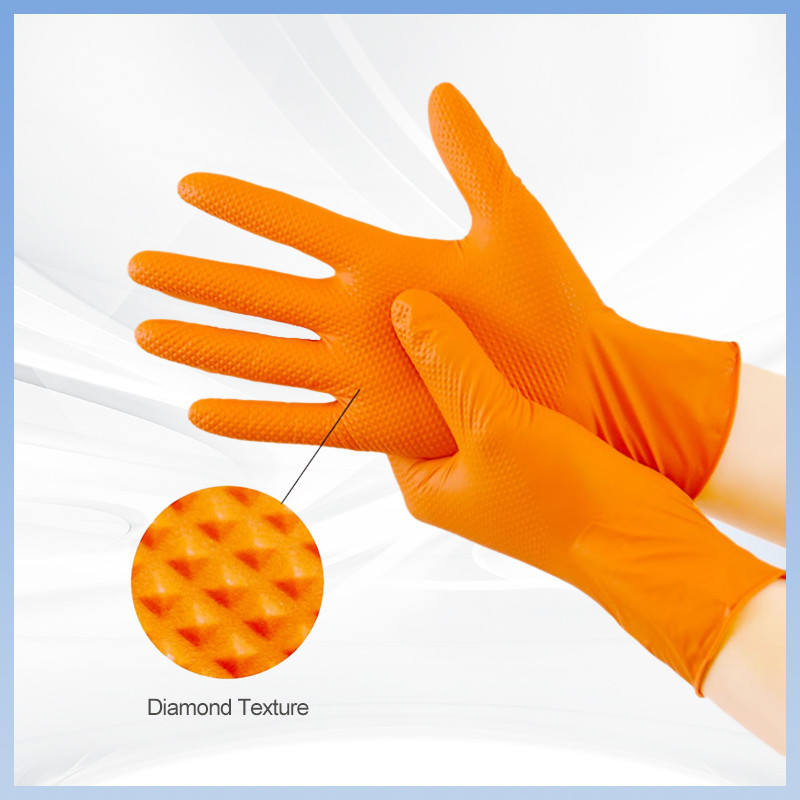 Găng tay làm việc Nitrile dùng một lần màu cam Bột kết cấu kim cương miễn phí Găng tay Nitrile công nghiệp