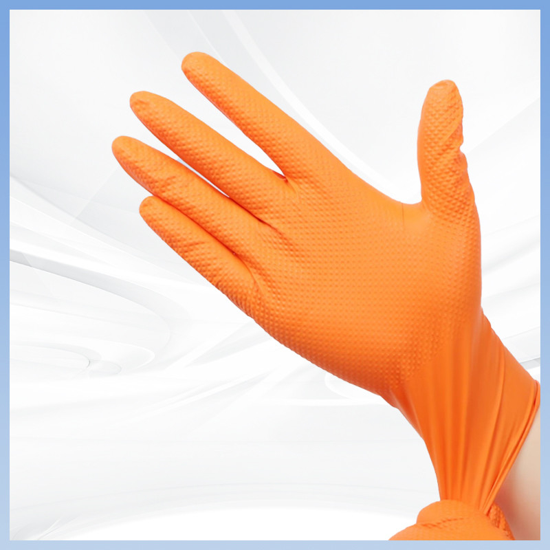 Găng tay làm việc Nitrile dùng một lần màu cam Bột kết cấu kim cương miễn phí Găng tay Nitrile công nghiệp
